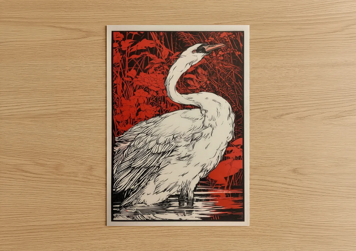 White Swan Red Reeds Woodblock Wall Art