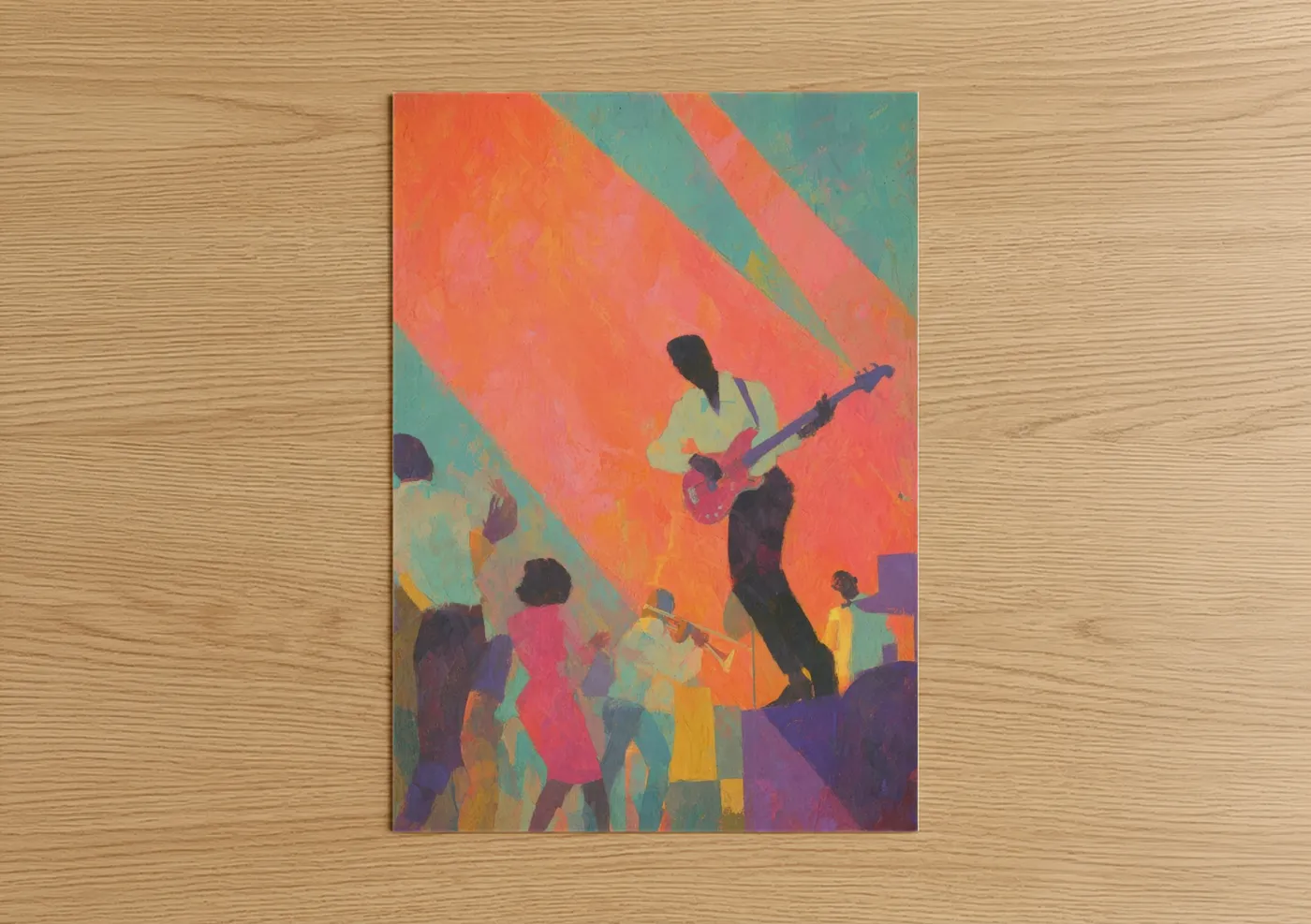 Art print on warm oak wood — orange and teal palette — Funk Vibes poster