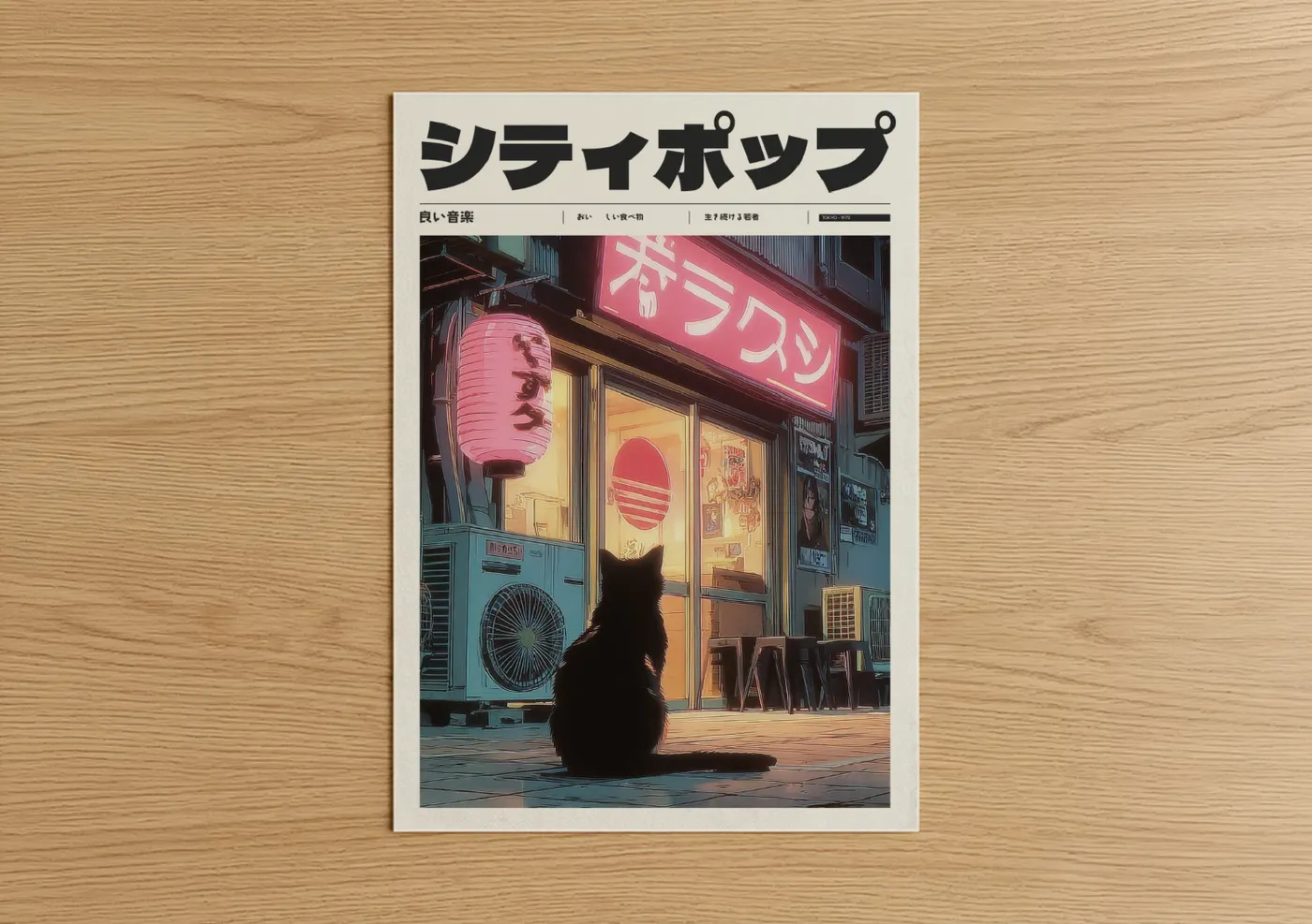 Anime and manga art print on warm oak wood — magenta and blue palette — Neon Alley Cat poster