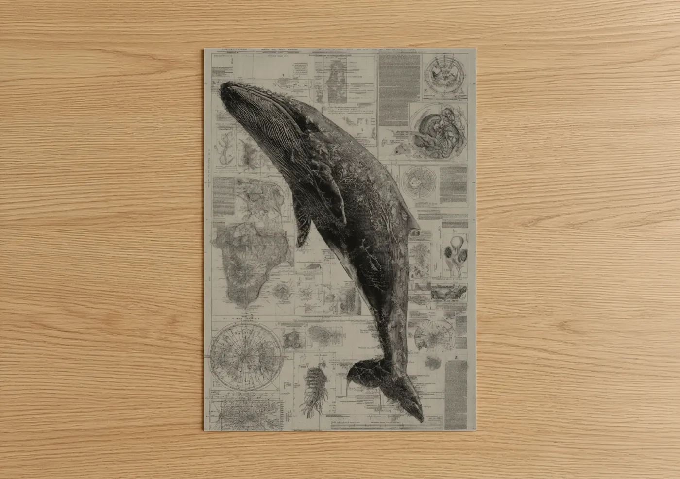 Art print on warm oak wood — black and white palette — Anatomical Sperm Whale poster