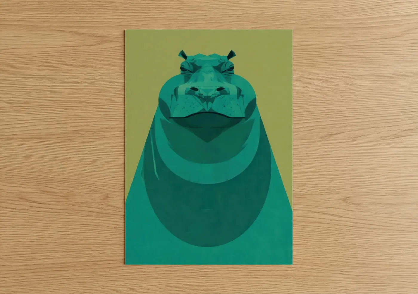 Art print on warm oak wood — teal and olive palette — Geometric Hippo poster