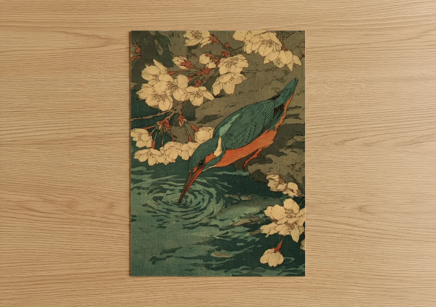 Art print on warm oak wood — sage green and cream palette — Kingfisher Fishing poster