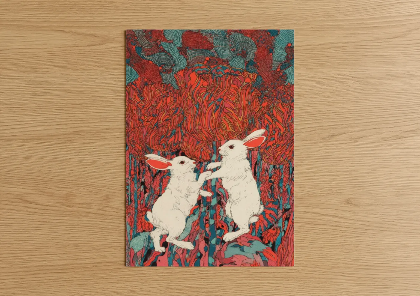Art print on warm oak wood — red and teal palette — Crimson Meadow Rabbits poster