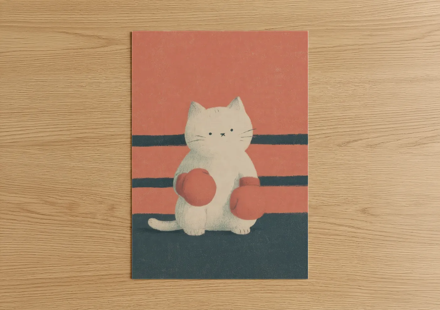 Kick boxing art print on warm oak wood — peach and dark blue palette — Boxing Cat poster