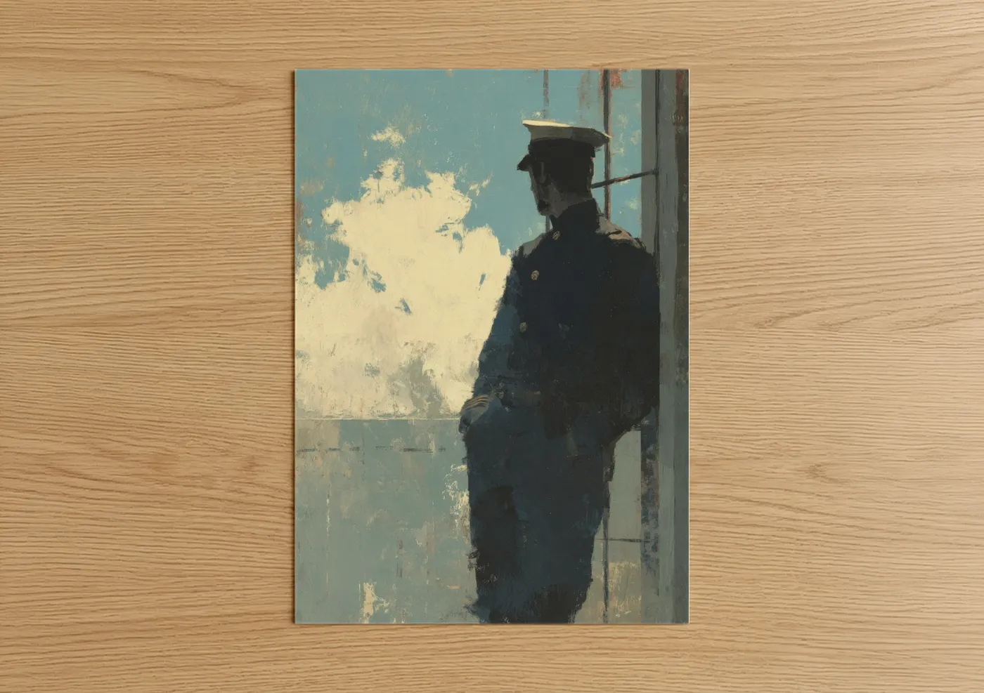 Veterans day art print on warm oak wood — blue and cream palette — Sentinel Sailor poster