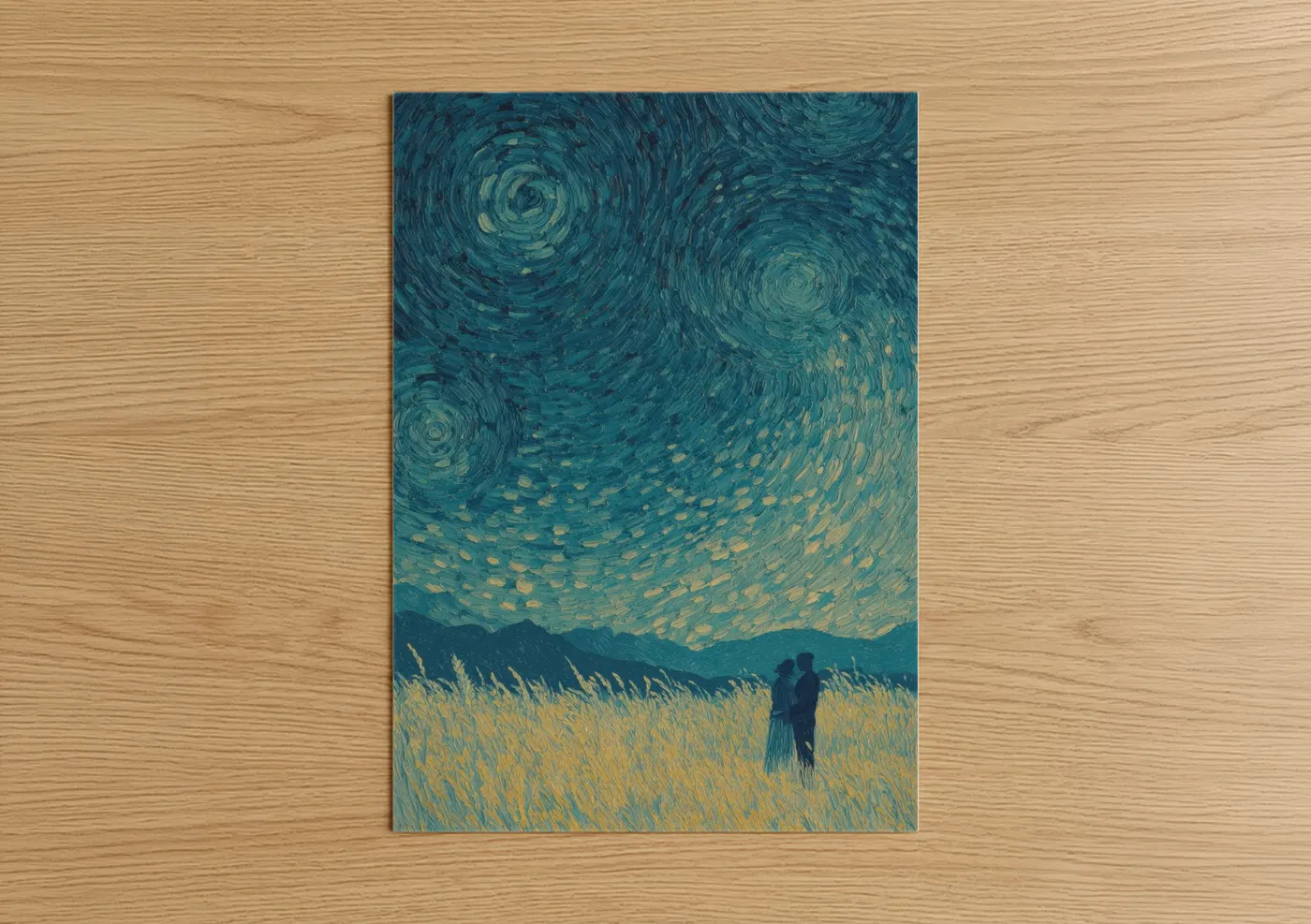Couple art print on warm oak wood — teal and yellow gold palette — Starry Field Romance poster