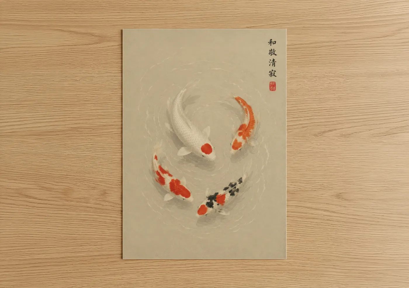 Art print on warm oak wood — beige and orange palette — Japanese Koi Fish Circle Wall Art poster