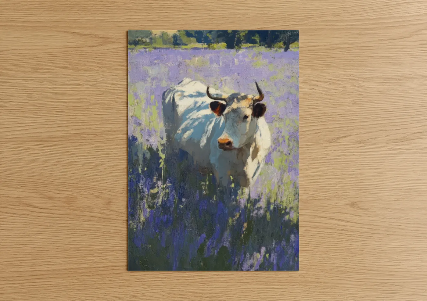 Hereford cow art print on warm oak wood — lavender and light green palette — Lavender Hereford poster