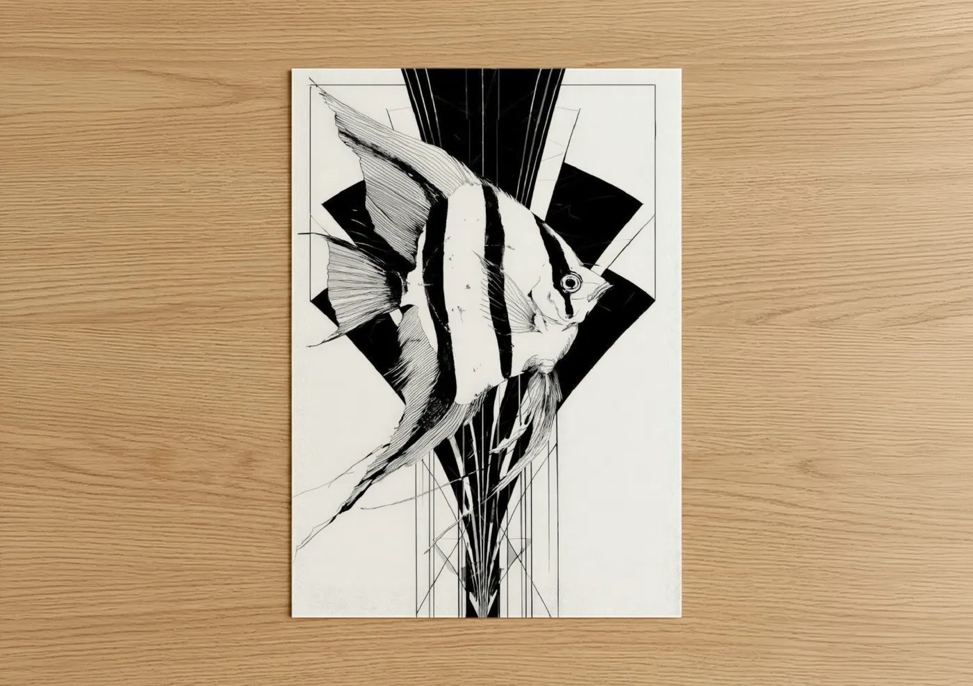 Striped Angel Fish Line Art Illustration Wall Art