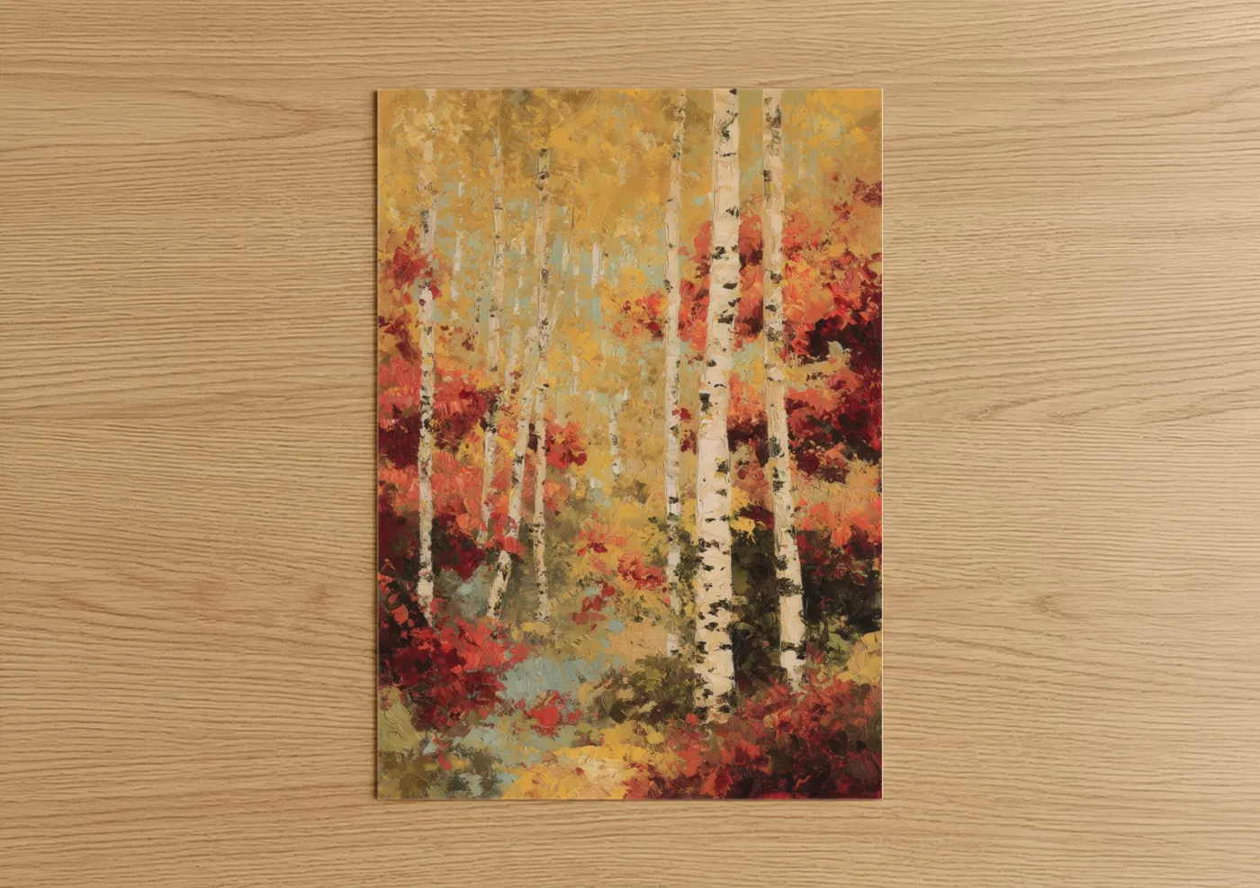Art print on warm oak wood — gold and russet palette — Autumn Aspen Forest poster