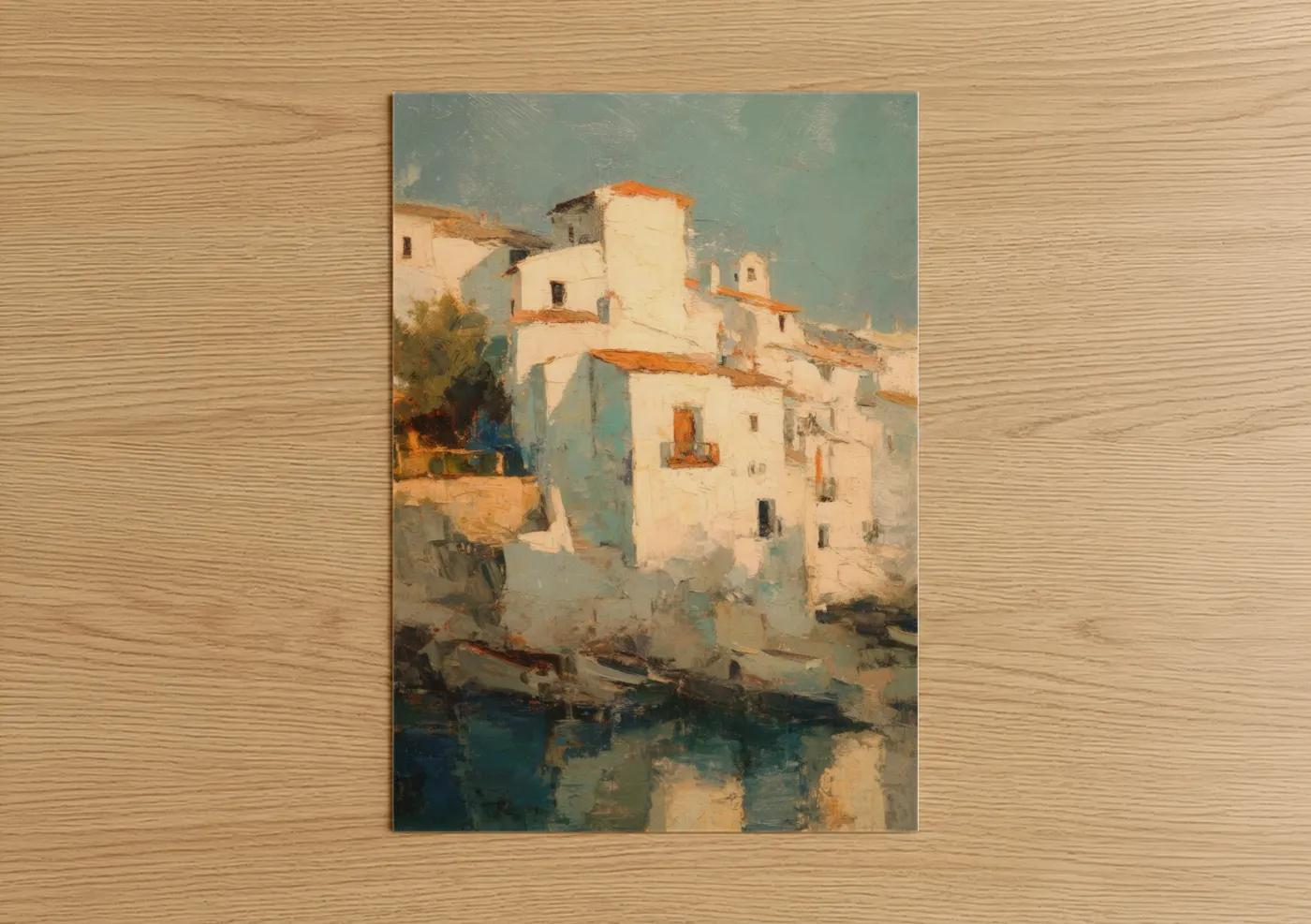 Beach town art print on warm oak wood — cream and teal palette — Waterfront Village poster