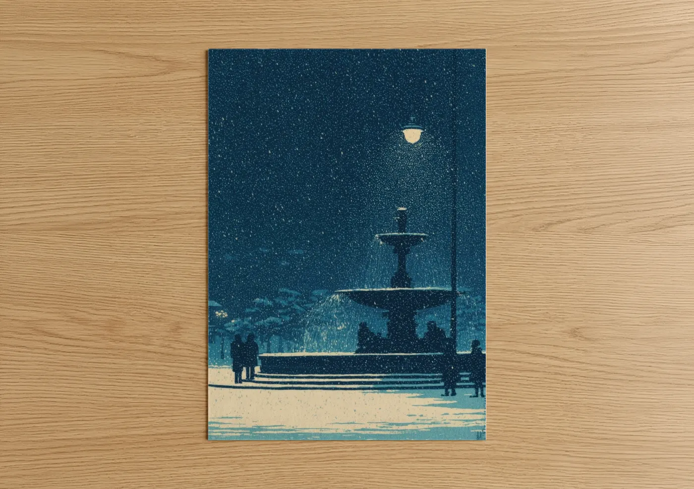 Fountains art print on warm oak wood — dark blue and cream palette — Snowy Fountain Night poster