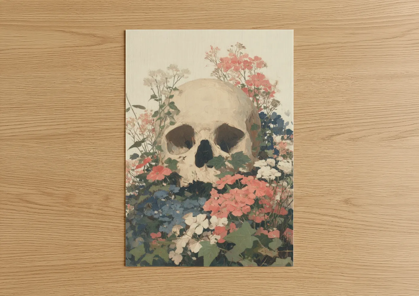 Art print on warm oak wood — cream and salmon pink palette — Floral Skull Garden poster