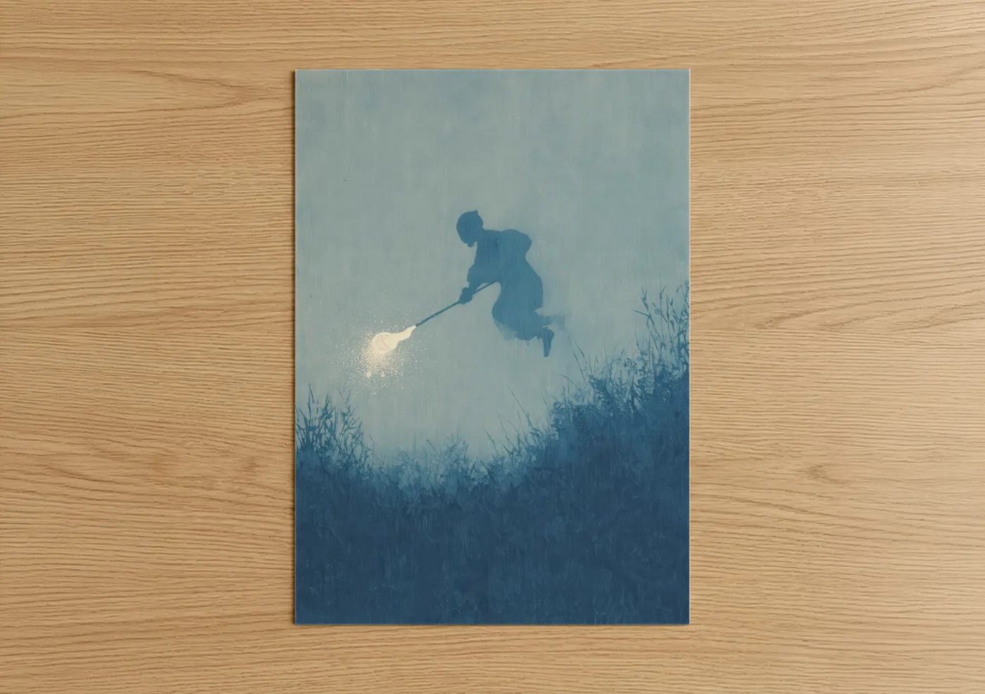 Art print on warm oak wood — blue and white palette — Ethereal Lacrosse poster