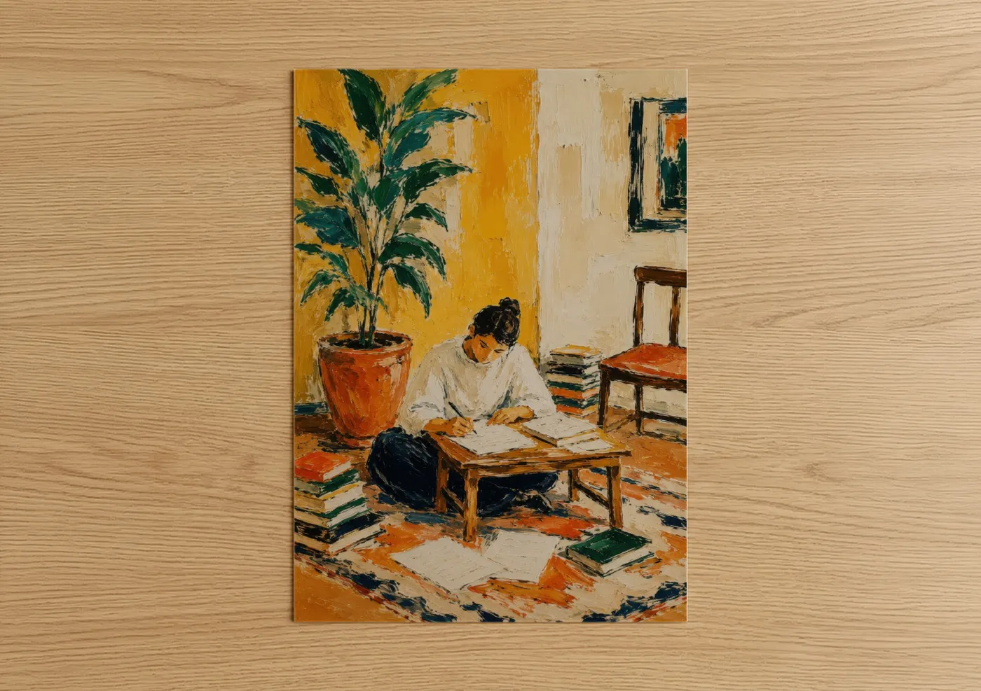 Art print on warm oak wood — orange and true green palette — Reading Woman With Potted Plant Wall Art poster