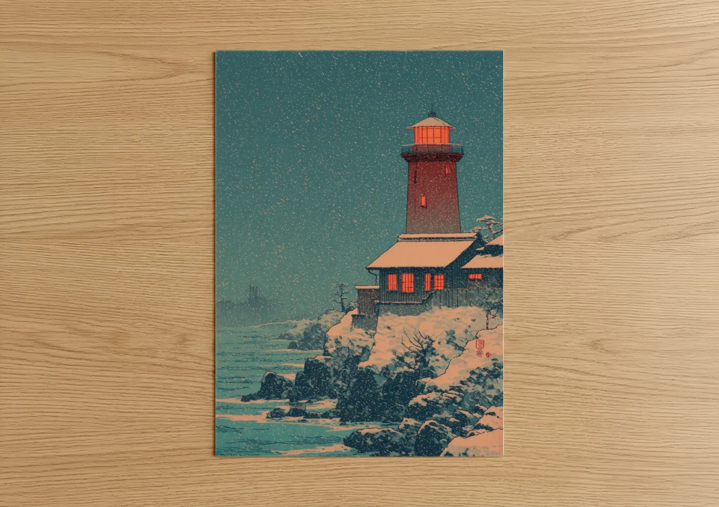 Red Lighthouse Winter Snow Scene Wall Art