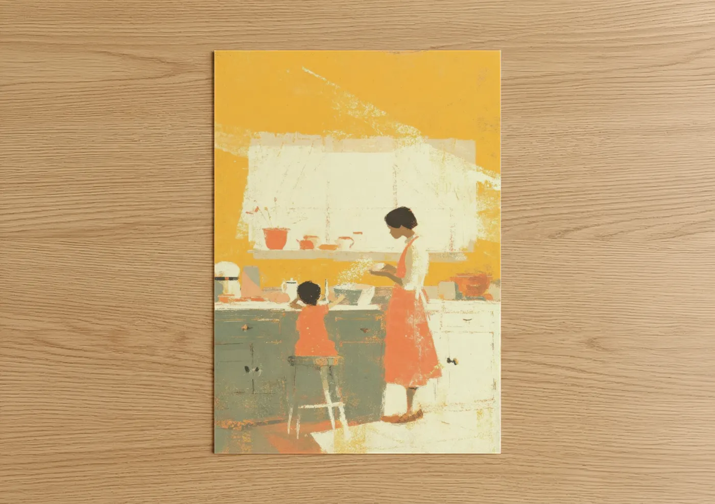 Mother's day art print on warm oak wood — yellow gold and peach palette — Kitchen Bonding poster