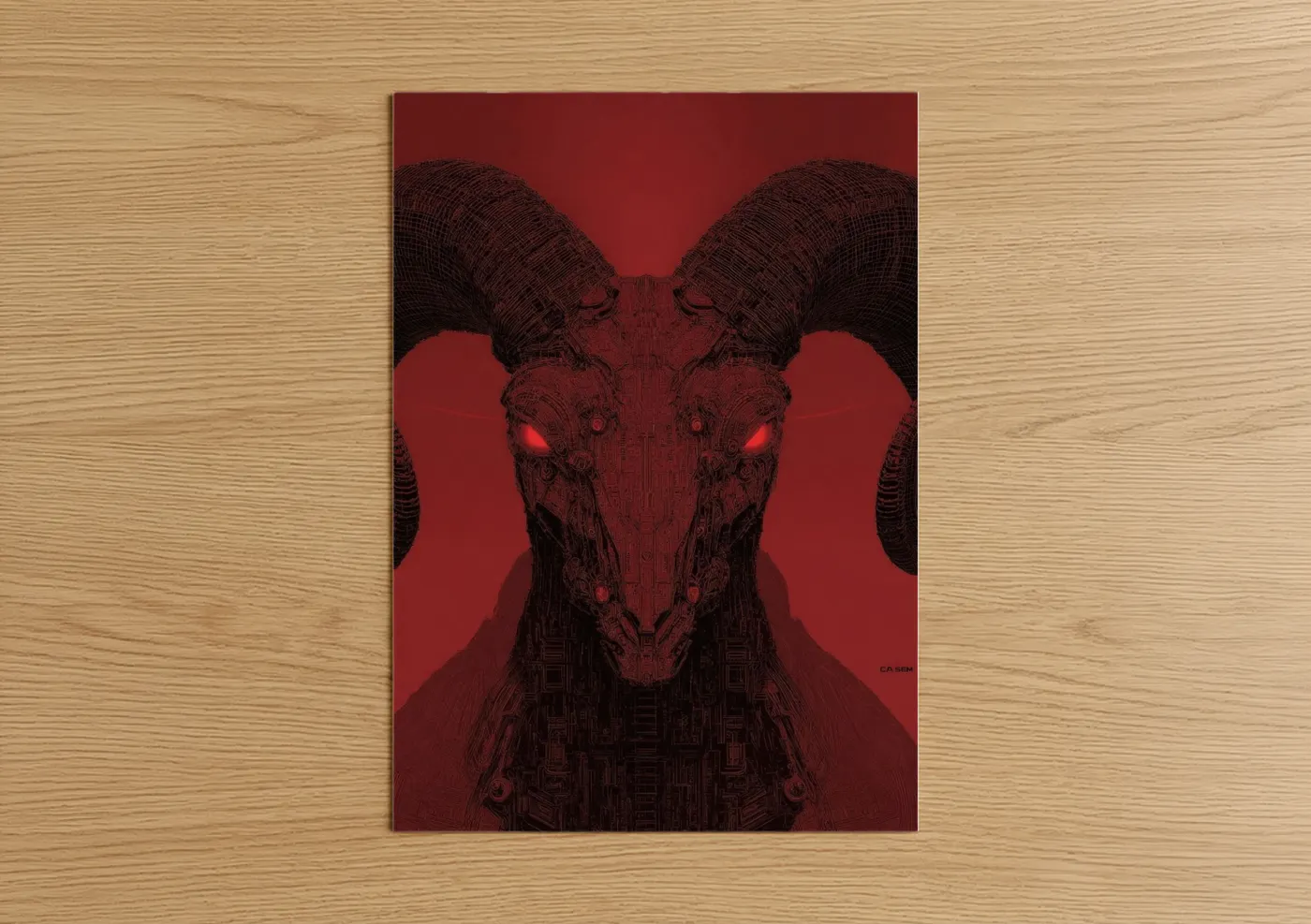 Art print on warm oak wood — maroon and black and red palette — Cosmic Aries poster