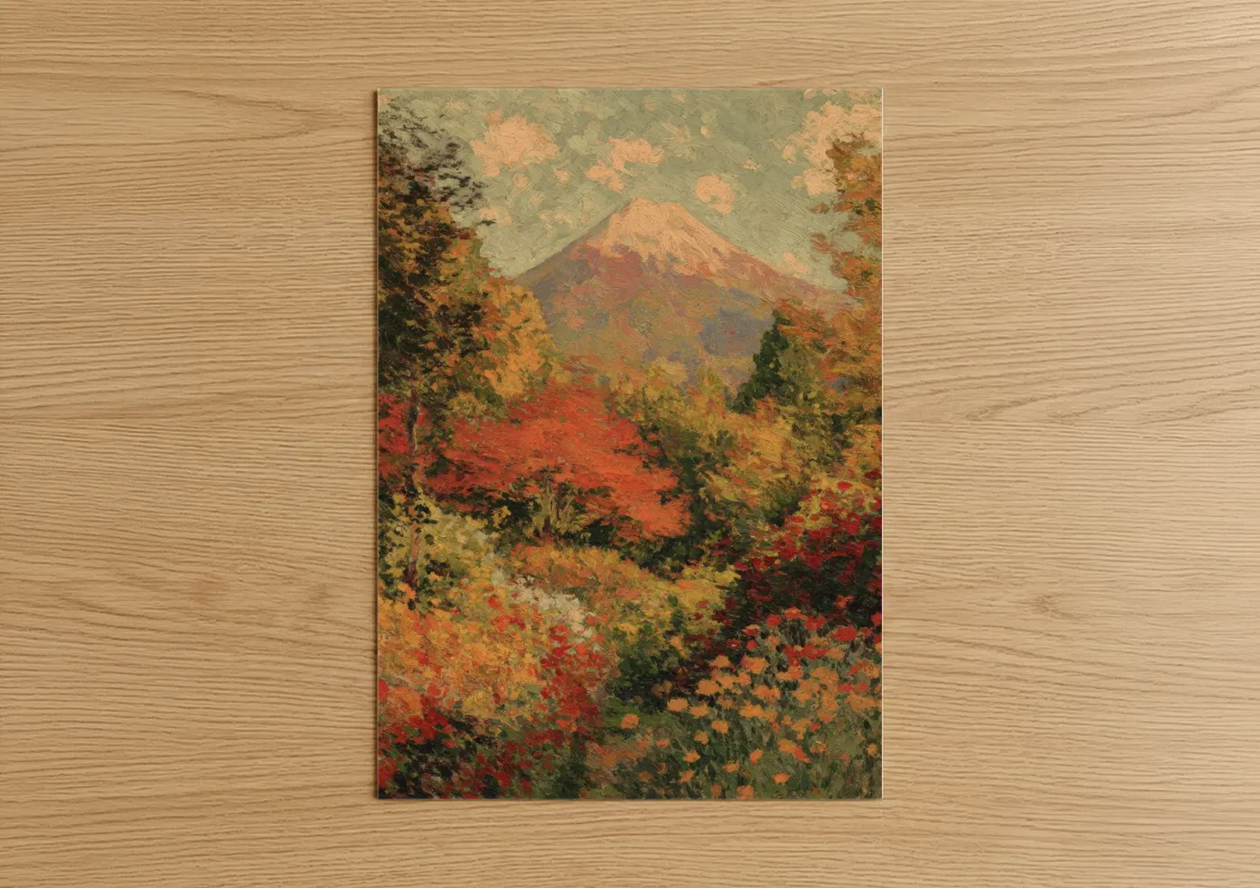 Art print on warm oak wood — russet and sage green palette — Autumn Mount Fuji poster