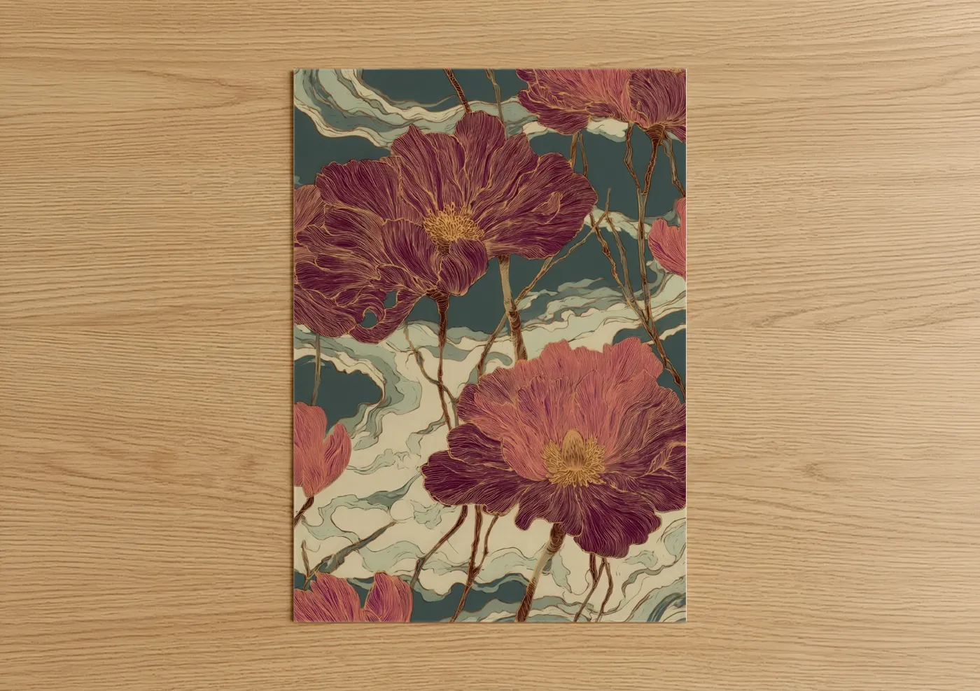 Art print on warm oak wood — maroon and sage green palette — Crimson Magnolia Garden poster