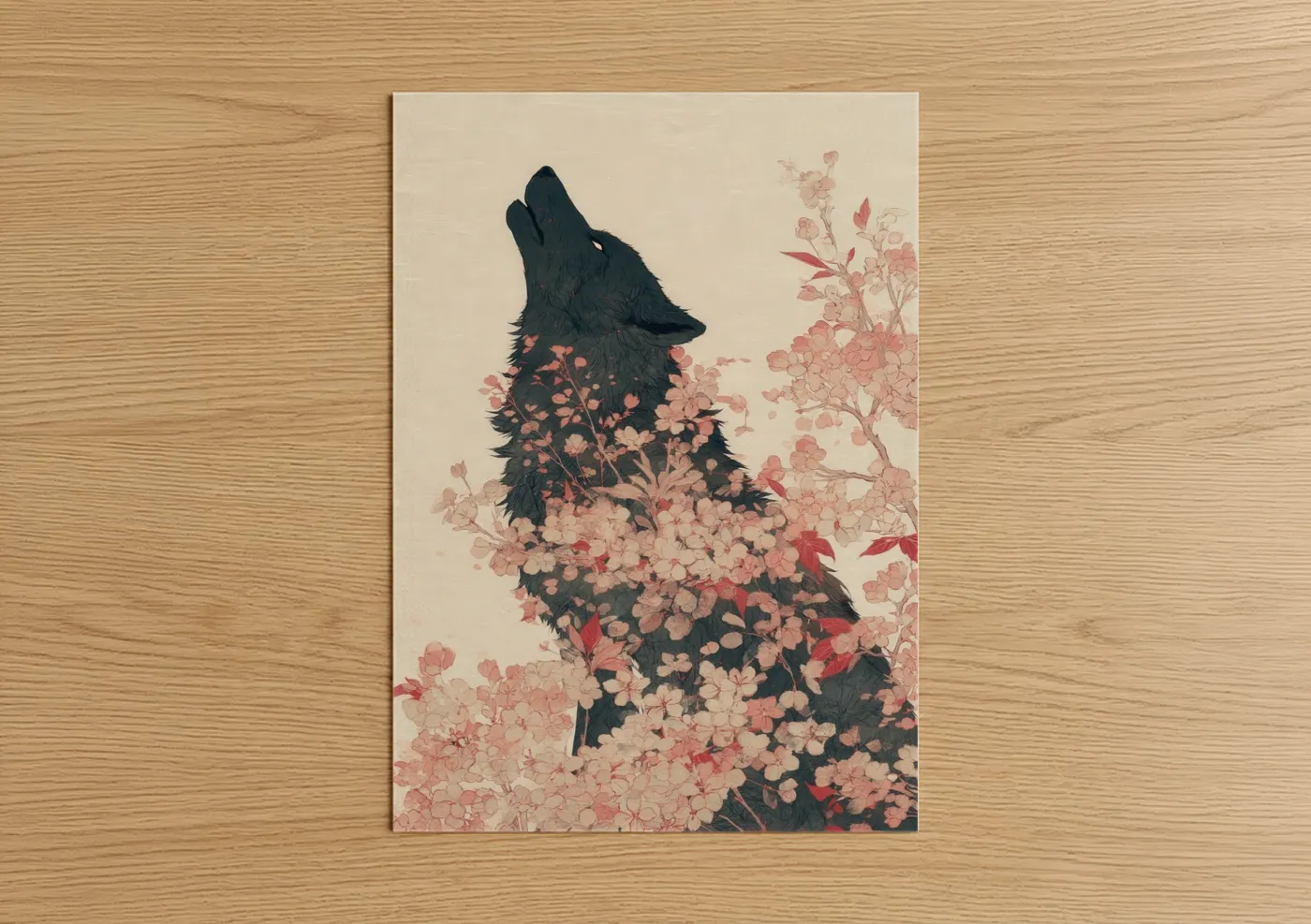 Art print on warm oak wood — cream and salmon pink palette — Flowering Wolf poster