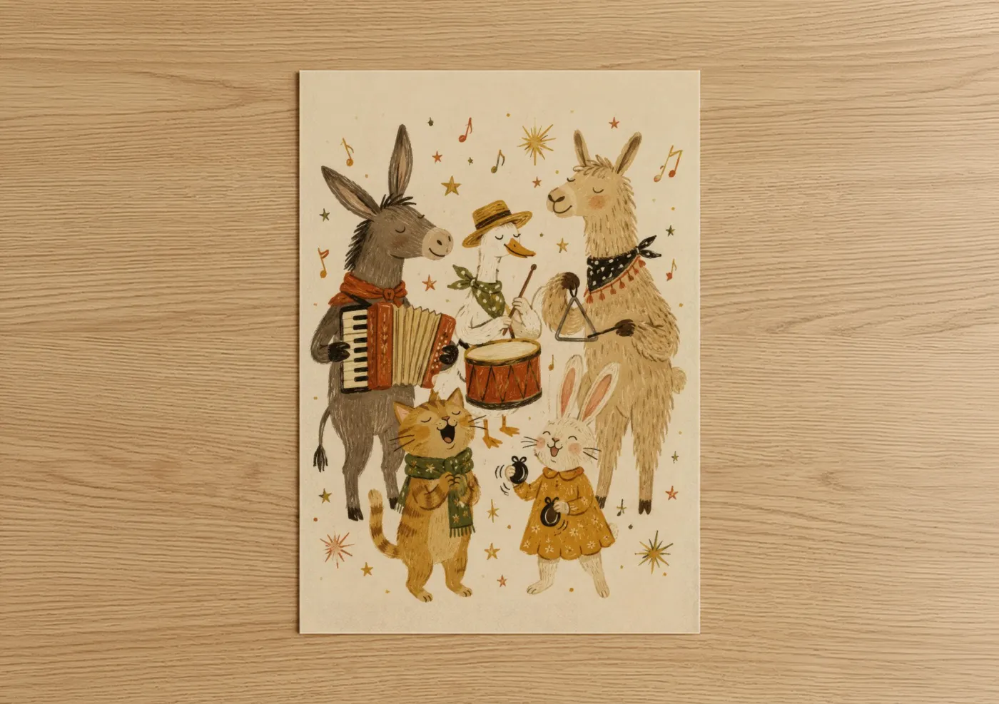 Donkey art print on warm oak wood — beige and mustard palette — Whimsical Animal Band Music Wall Art poster