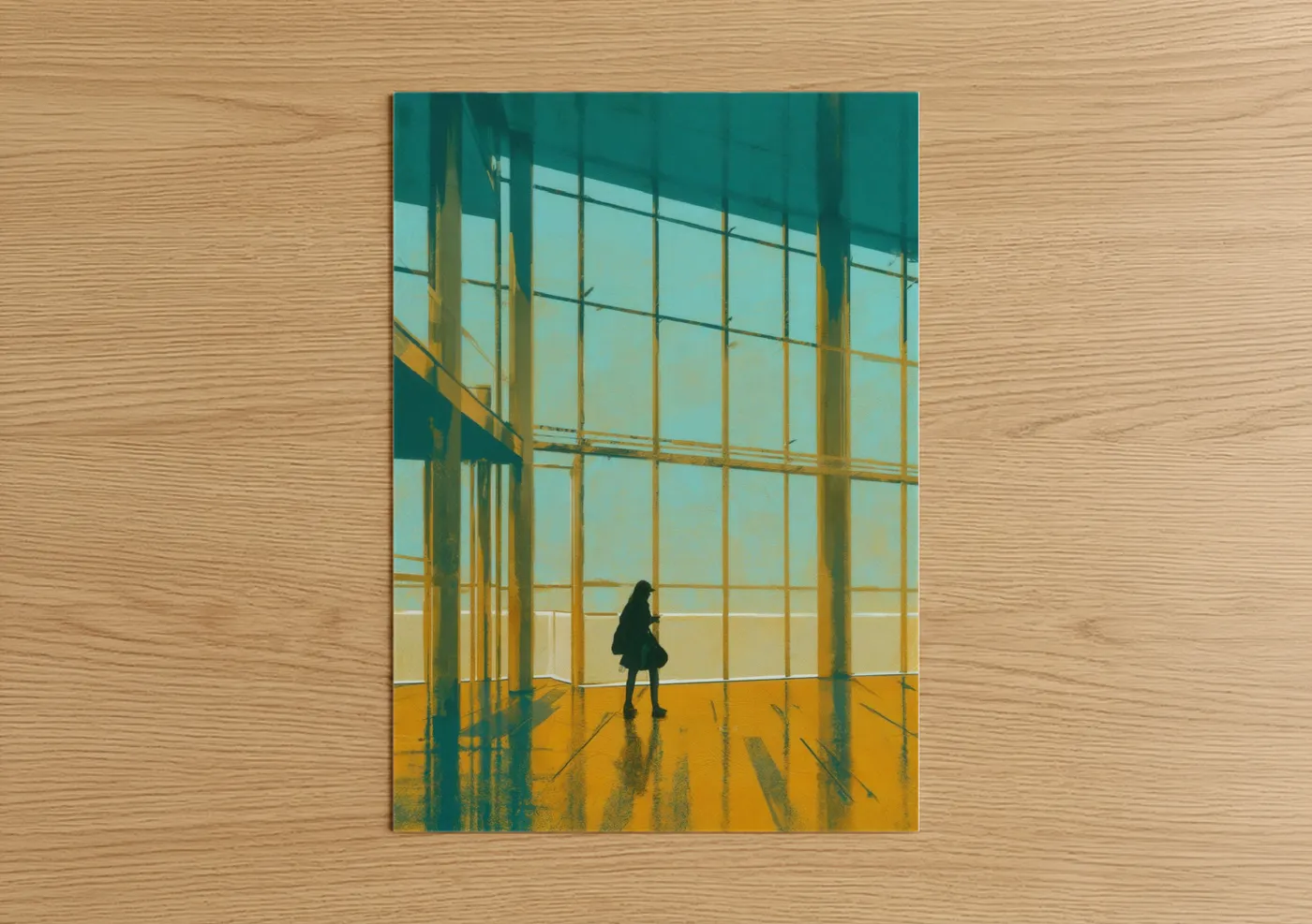 Abstract architecture art print on warm oak wood — teal and gold palette — Solitude Atrium poster