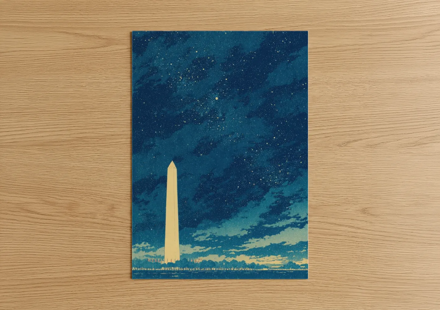 Washington monument art print on warm oak wood — dark blue and champagne gold palette — Starlit Monument poster