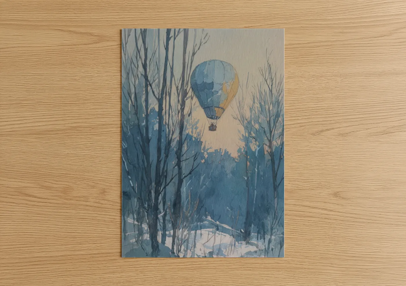 Hot air baloon art print on warm oak wood — blue and white and cream palette — Snowy Forest Ascent poster