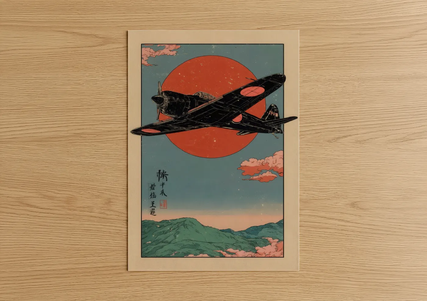 Vintage Airplane Red Sun Japanese Wall Art