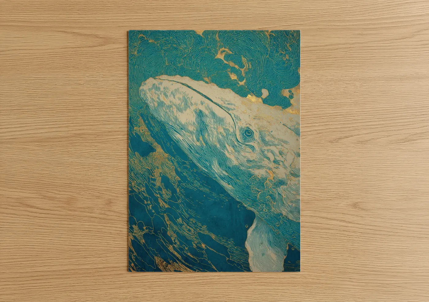 Art print on warm oak wood — teal and gold palette — Golden Sperm Whale poster