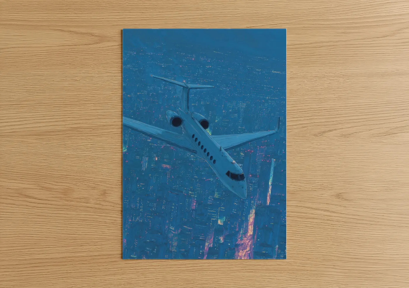 Private jet art print on warm oak wood — blue and magenta palette — Midnight Jet poster
