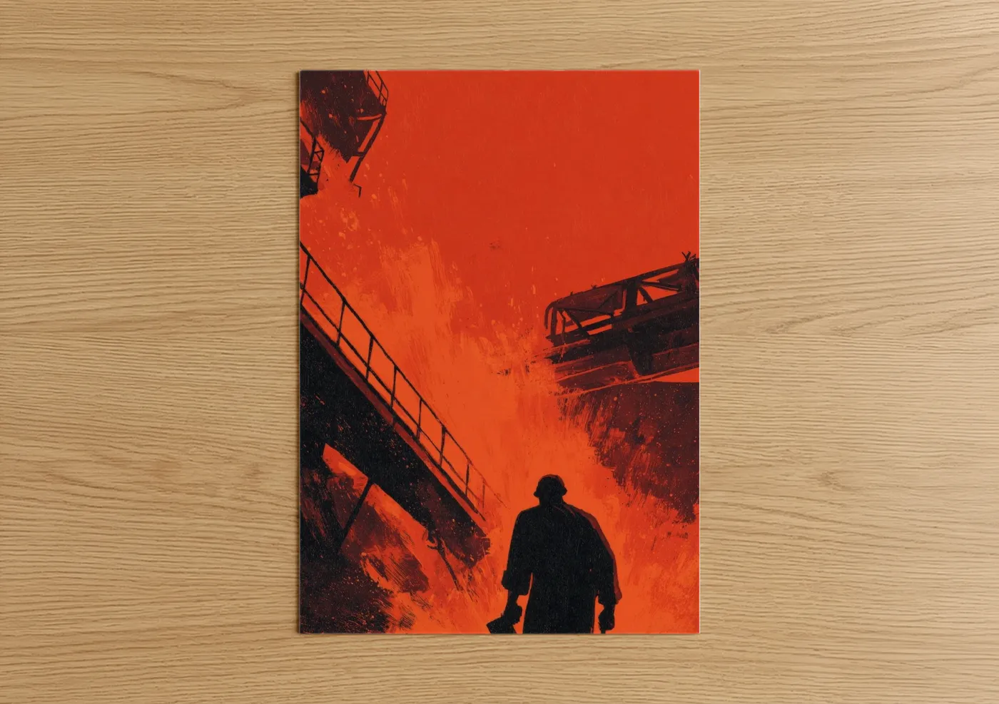 Labor day art print on warm oak wood — red and black palette — Industrial Worker poster