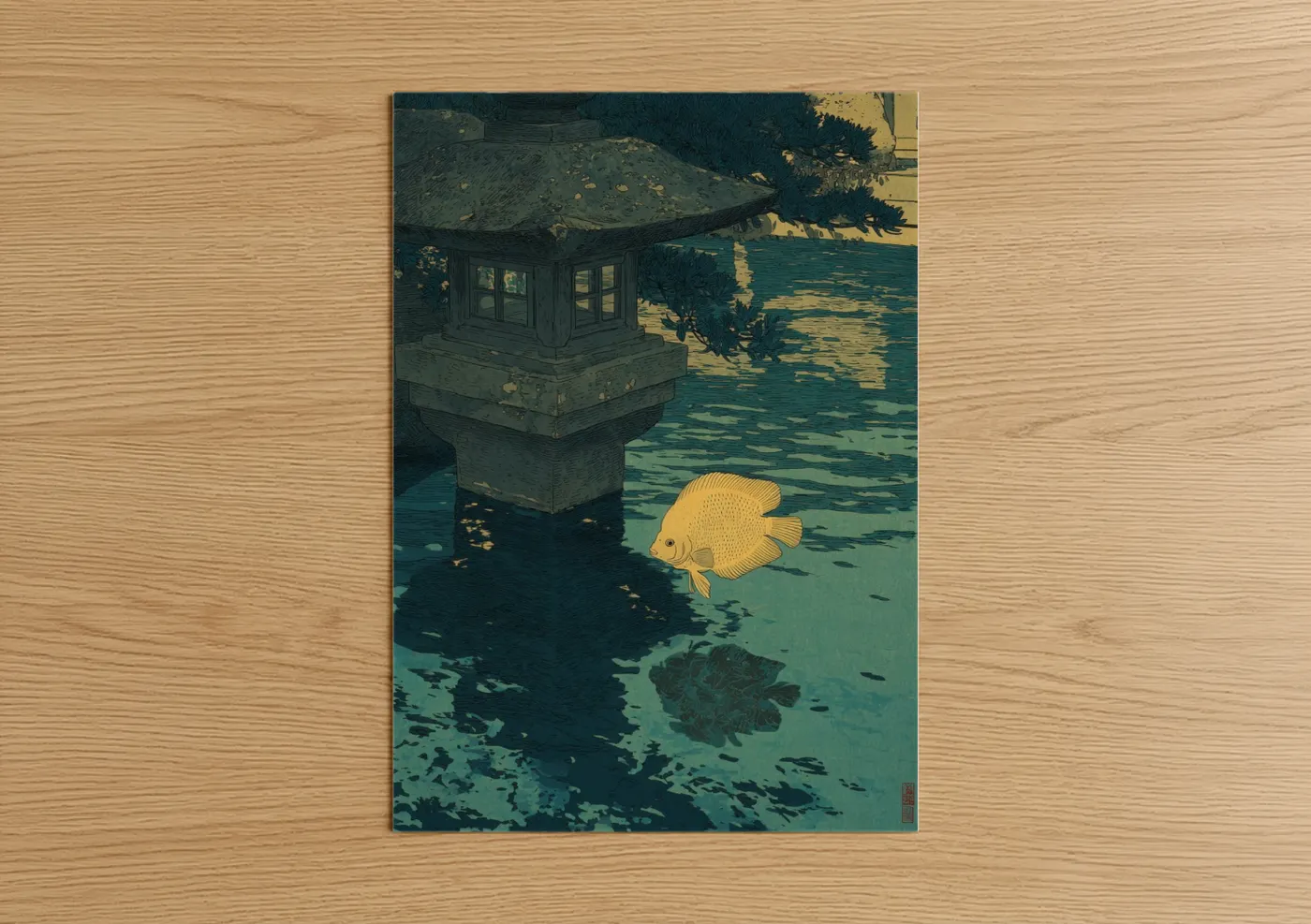 Art print on warm oak wood — teal and gold palette — Golden Discus Fish poster