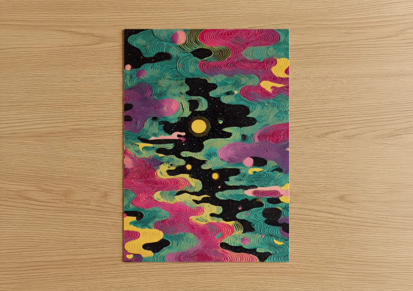 Japanese psychedelic art print on warm oak wood — magenta and gold palette — Cosmic Astronaut Journey poster