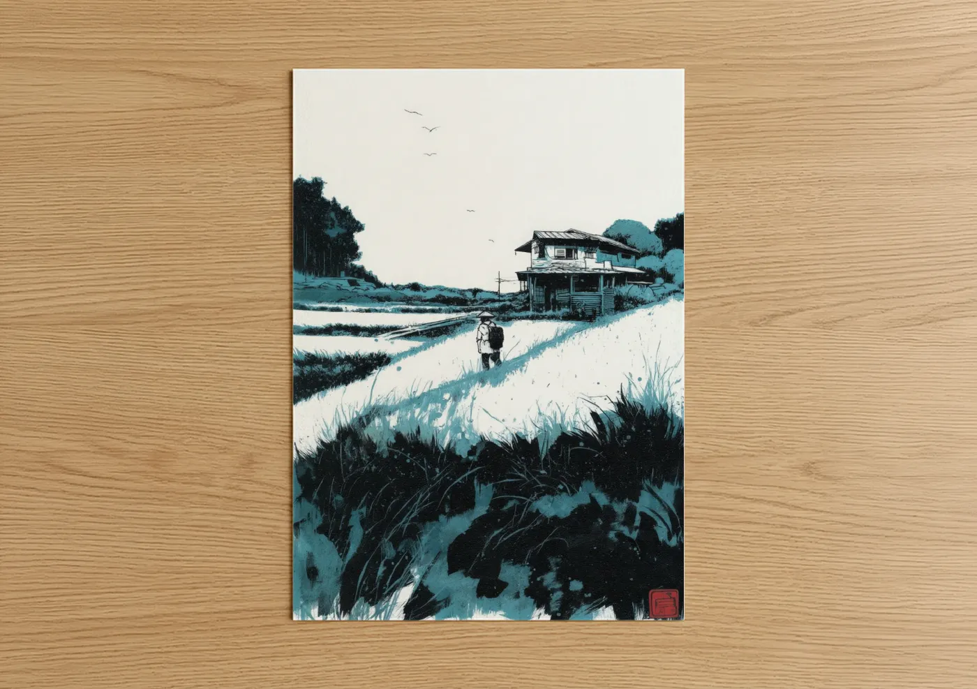 Various landscapes art print on warm oak wood — teal and black and white palette — Rural Wanderer poster