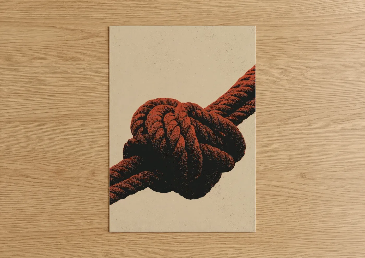 Rope knots art print on warm oak wood — red and black and white palette — Nautical Knot Study poster