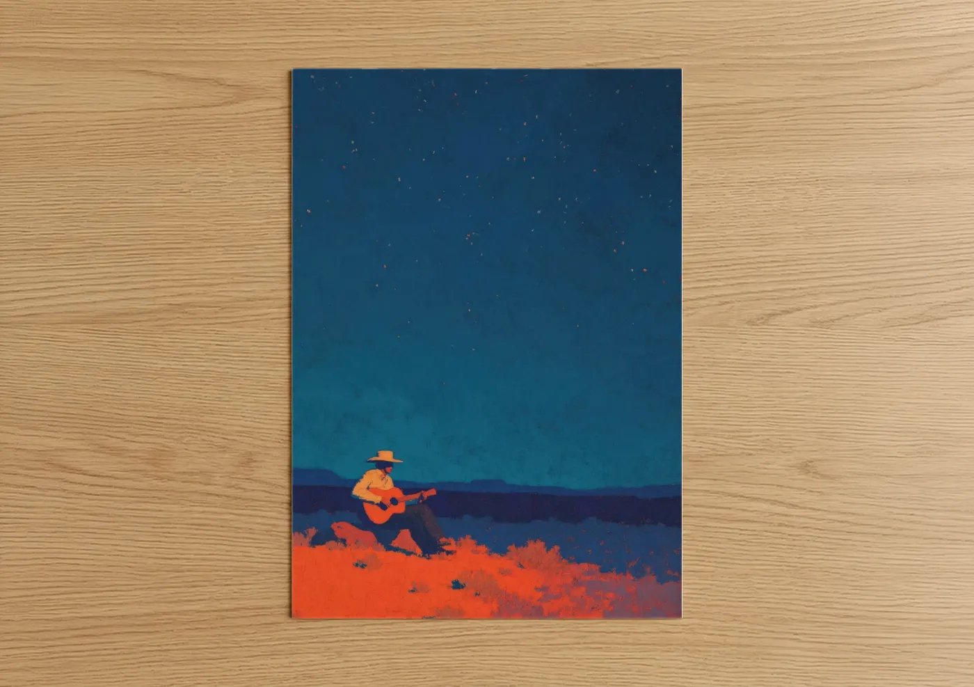 Country art print on warm oak wood — blue and orange palette — Desert Troubadour poster