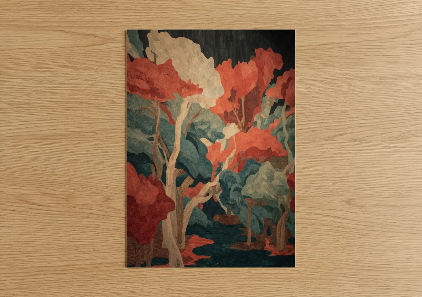 Art print on warm oak wood — red and dark green palette — Crimson Mangrove poster