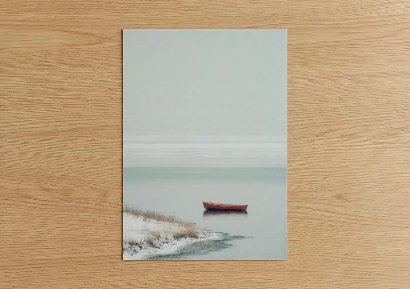 Red Boat Winter Lake Minimalist Wall Art