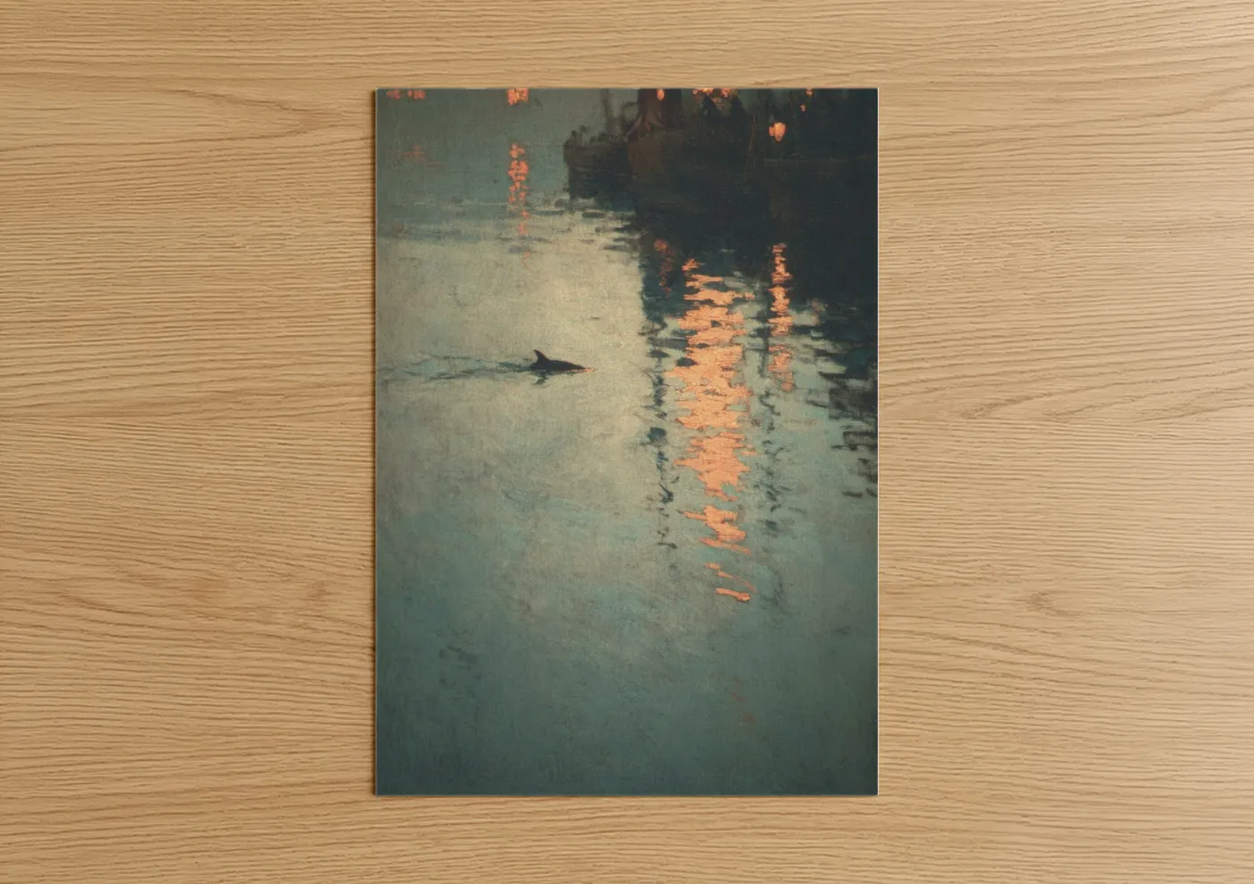 Dolphins art print on warm oak wood — gray and gold palette — Harbor Dolphin Dusk poster