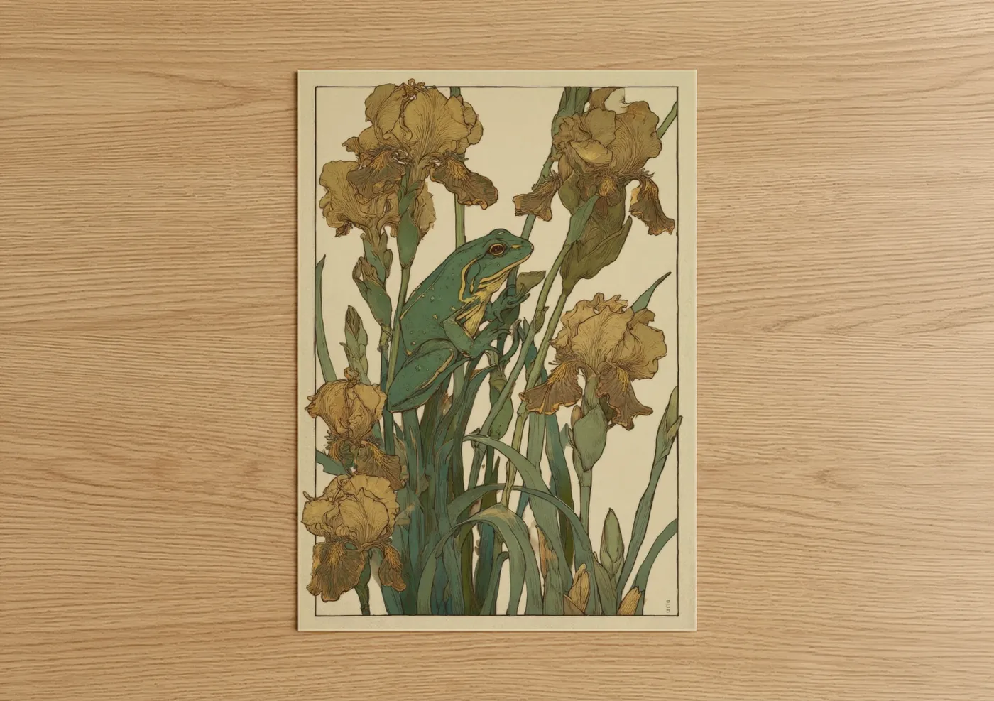 Frogs and toads art print on warm oak wood — gold and true green palette — Iris Frog poster
