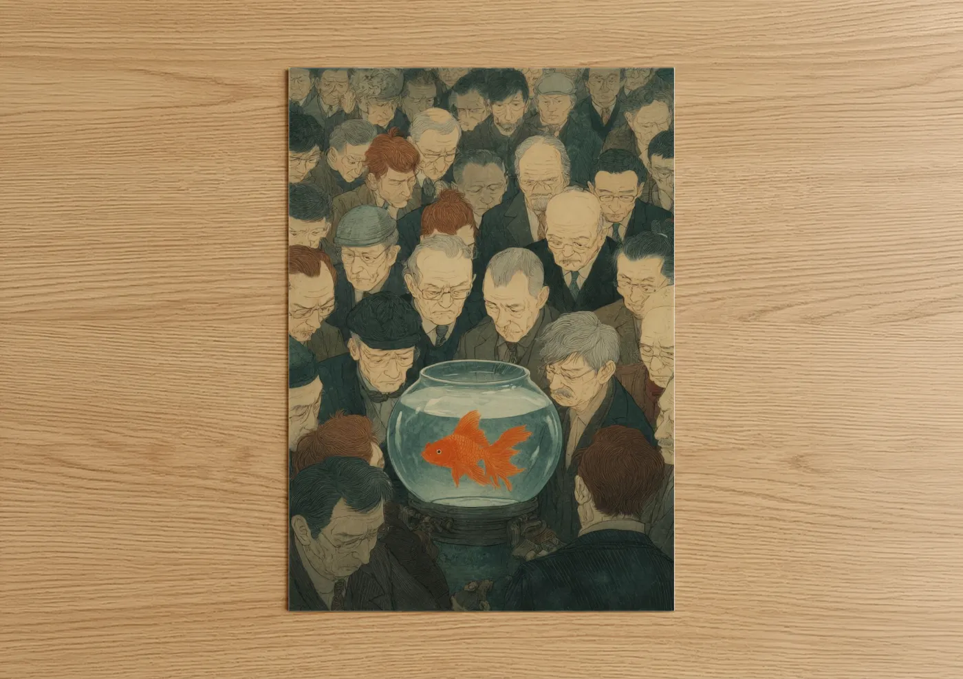 Art print on warm oak wood — gold and gray palette — Crowded Goldfish poster