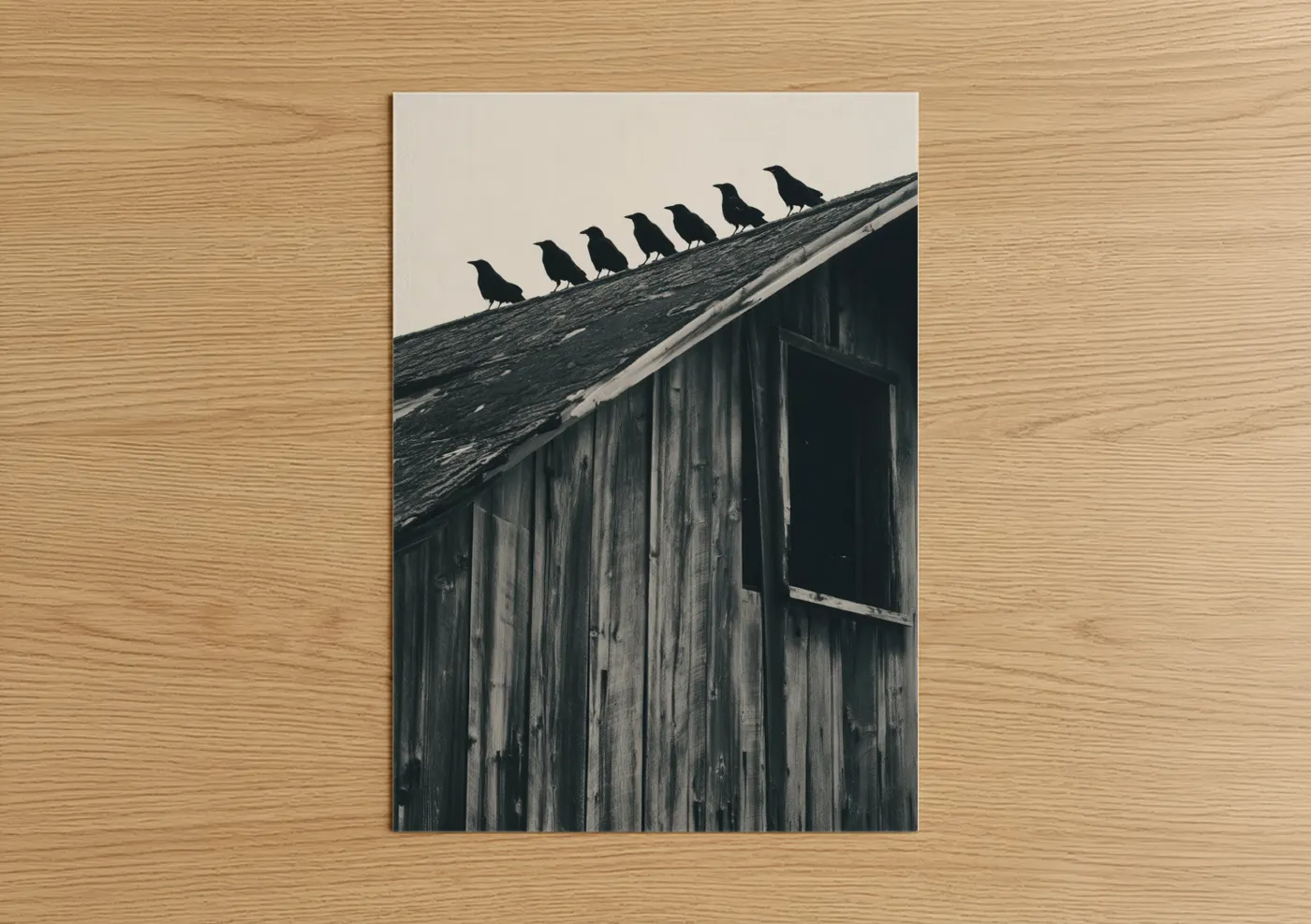 Crows and ravens art print on warm oak wood — black and white and gray palette — Rooftop Crows poster