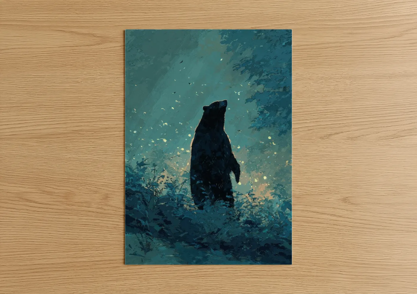 Art print on warm oak wood — teal and blue palette — Starlit Sloth Bear poster