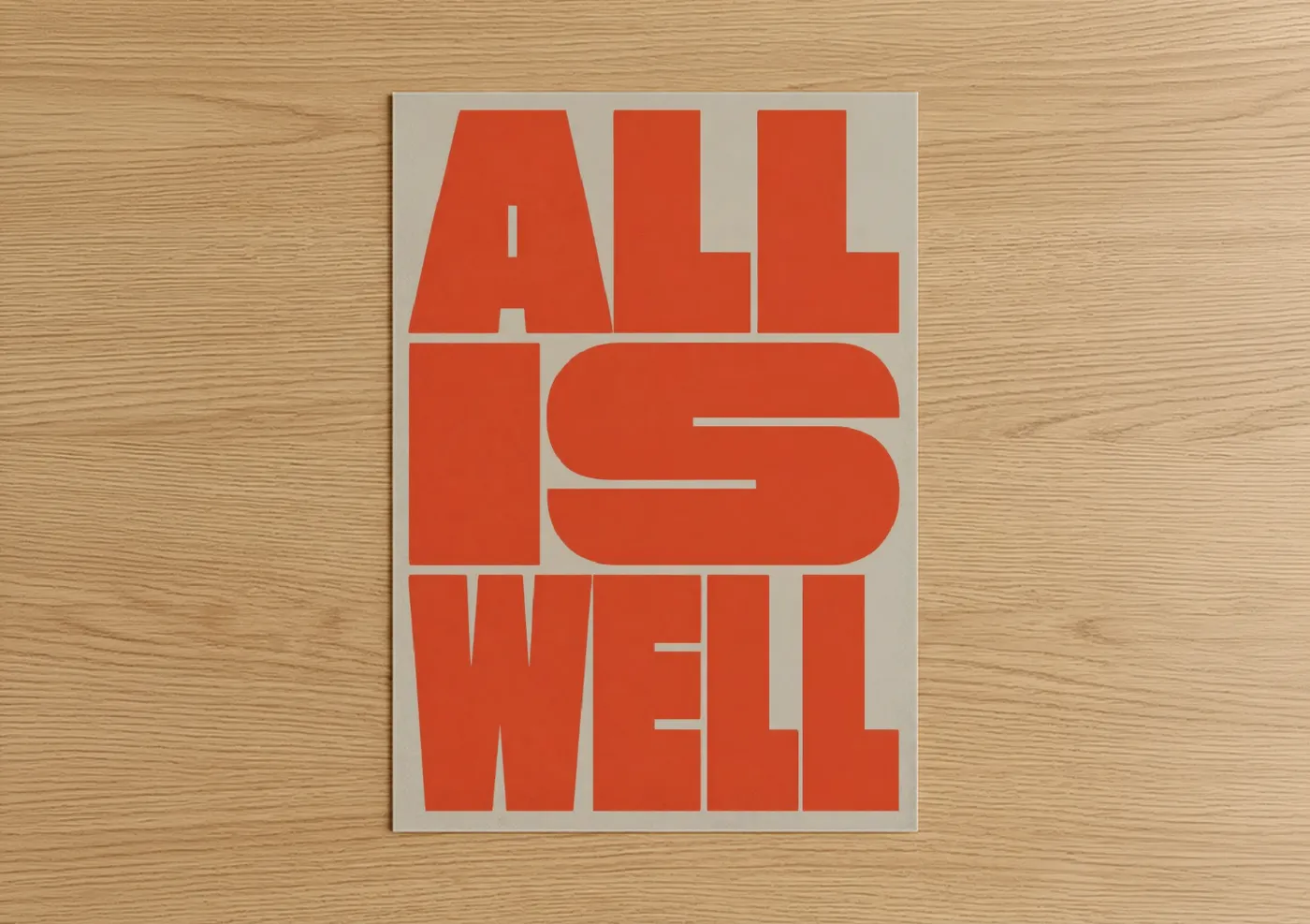 Decorative art print on warm oak wood — orange and beige palette — All Is Well Typography Wall Art poster