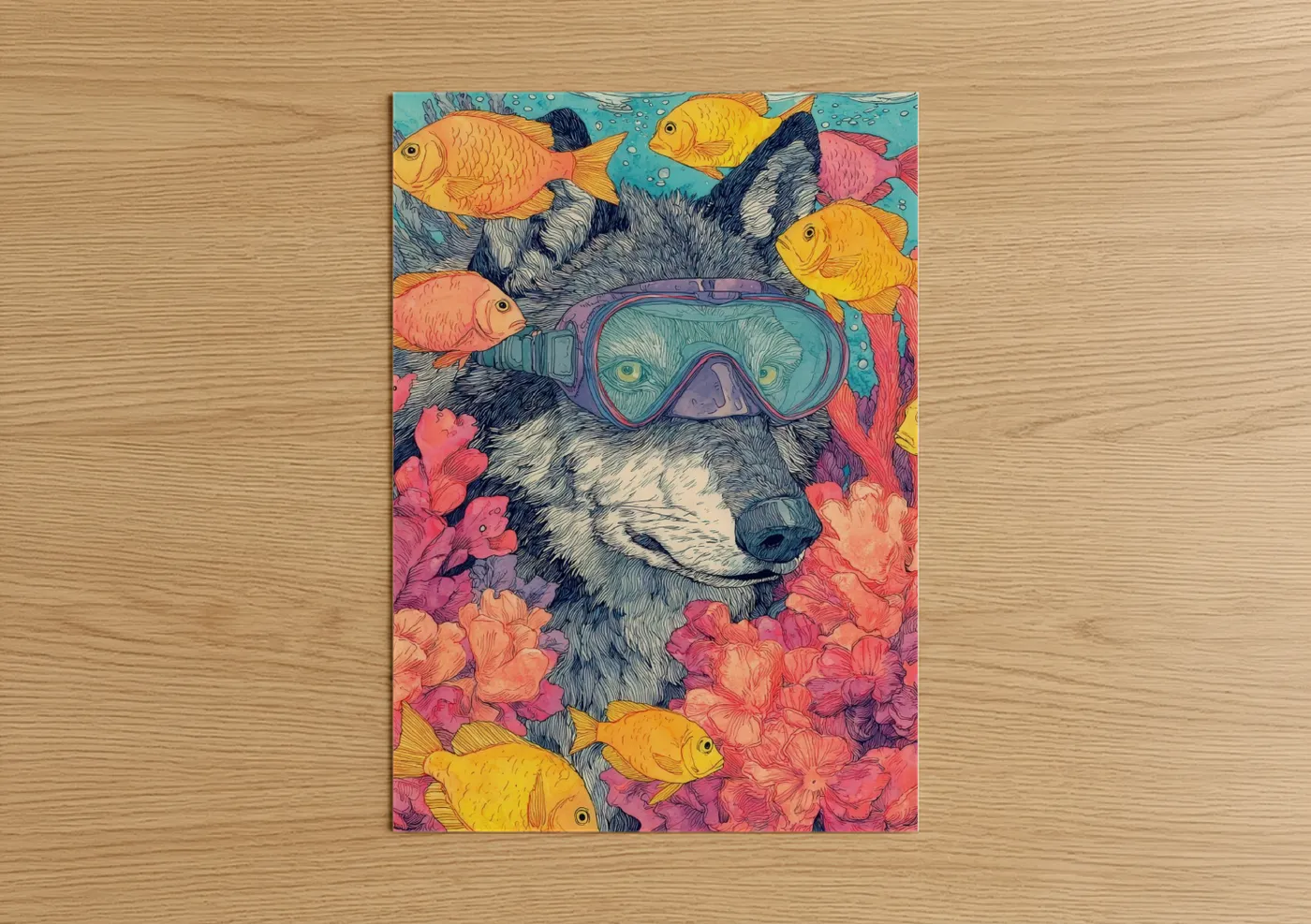 Whimsical Wolf Snorkeling with Fish Wall Art