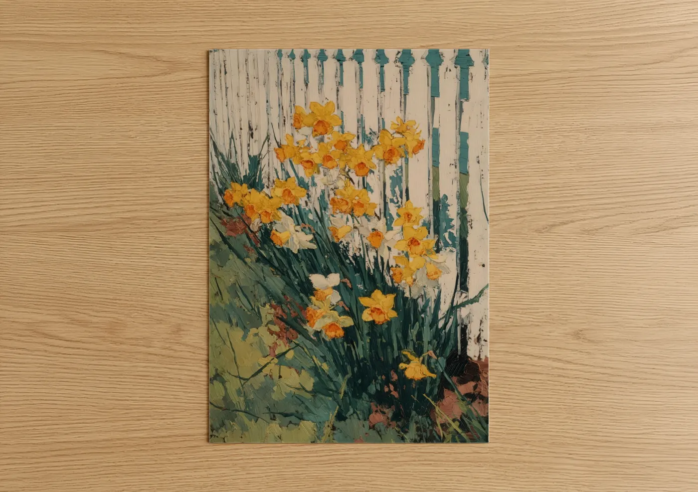 Art print on warm oak wood — gold and cream palette — Golden Daffodils poster
