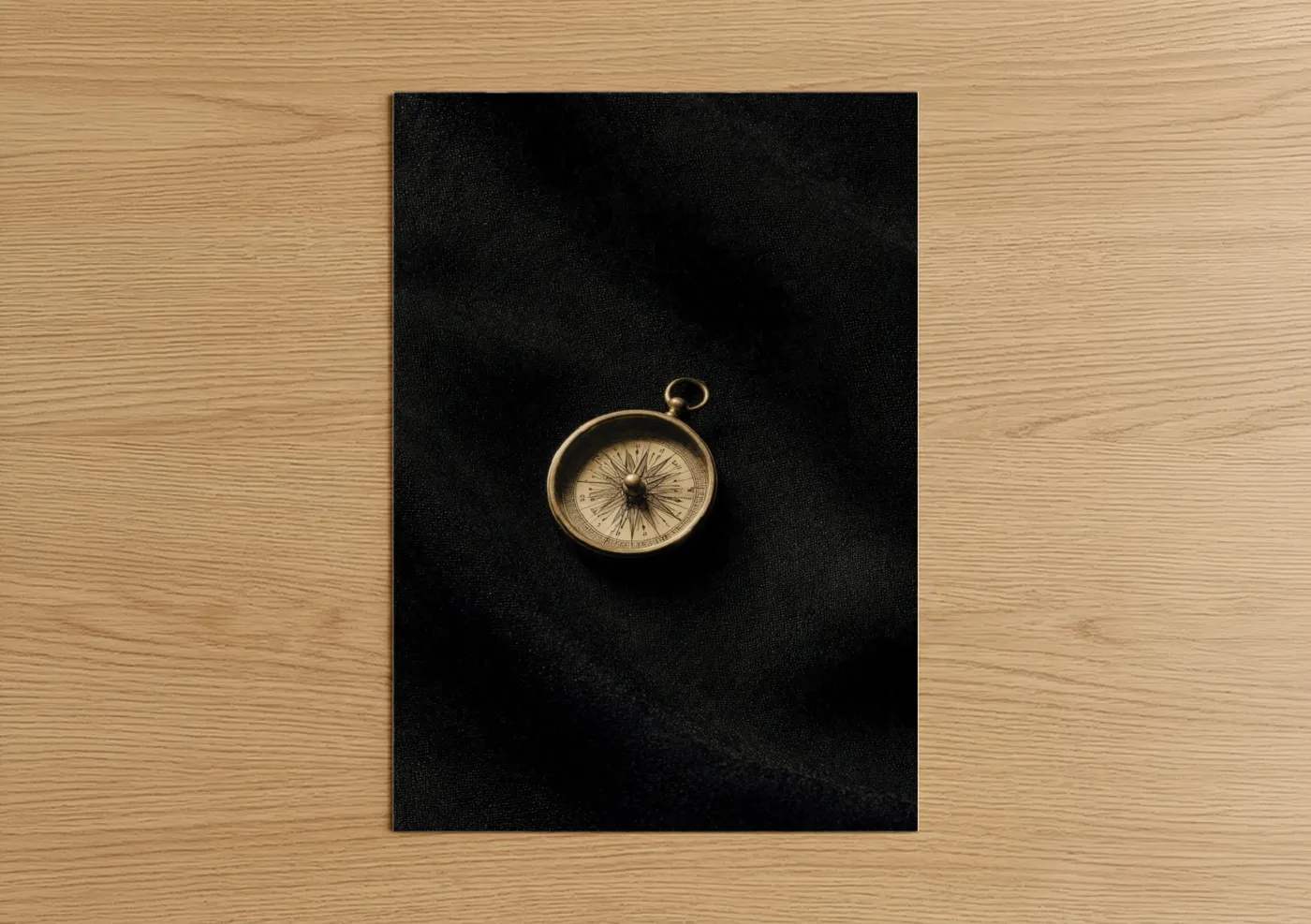 Art print on warm oak wood — gold and black palette — Golden Compass poster