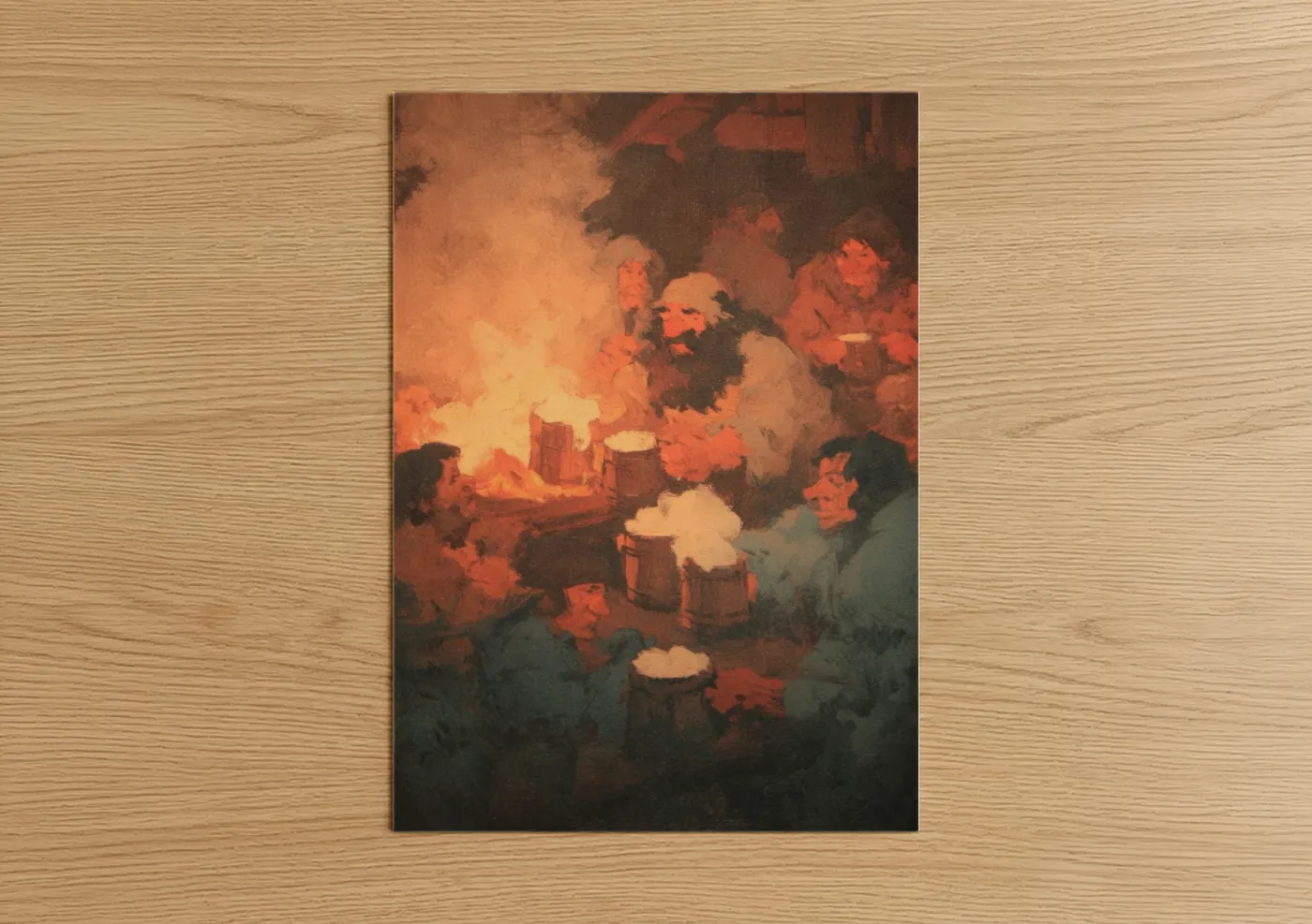 Art print on warm oak wood — orange and black palette — Forgefire Dwarves poster